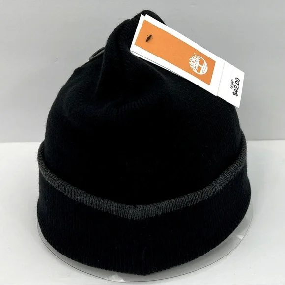 TIMBERLAND BLACK BEANIE, UNISEX, ONE SIZE FITS ALL, BEANIE WITH GREY ON THE CUFF - Picture 4 of 15